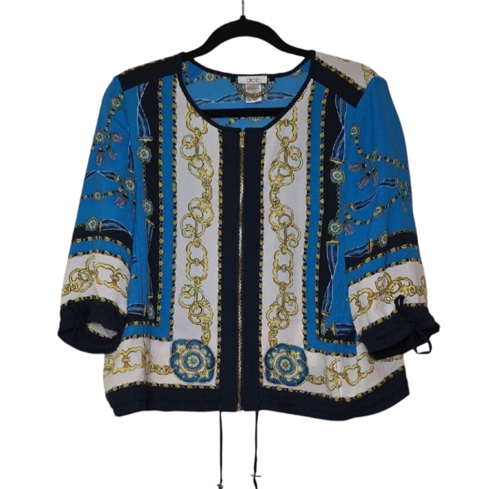 Cache Nautical Chain Print Jacket Blue Gold Resortwear Zip Front Drawstring L